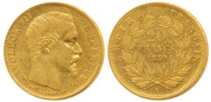 France, Napoleon III, Gold 20 Francs, 6.5g, 1859 A, Paris Mint, obv. bare head, rev. value