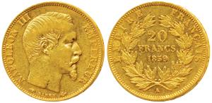 France, Napoleon III, Gold 20 Francs, 6.5g, 1859 A, Paris Mint, obv. bare head, rev. value