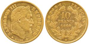 France, Napoleon III, Gold 10 Francs, 3.2g, 1864 A, Paris Mint, obv. laureate head, rev. v