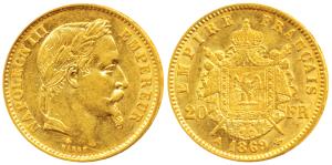France, Napoleon III, Gold 20 Francs, 6.44g, 1869 A, Paris Mint, obv. laureate head, rev. 