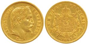 France, Napoleon III, Gold 20 Francs, 6.47g, 1863 BB, Strasbourg Mint, obv. laureate head,