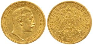 Germany, Prussia, Wihelm I, Gold 20 Mark, 8g, Berlin Mint, 1890A, obv. head to right, rev.