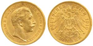 Germany, Prussia, Wihelm II, Gold 20 Mark, 8g, Berlin Mint, 1910 A (KM 521). About Extreme