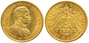 Germany, Prussia, Wihelm II, Gold 20 Mark, 8g, Berlin Mint, 1914 A (KM 521). About Uncircu