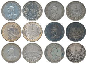German East Africa, Wilhelm II, Silver Rupien / Rupee (6), 1904, 1907, 1910, 1911(2), and 