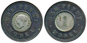 Great Britain, Bi-Metal, Silver and Copper One Penny Model, Victoria young head in center.