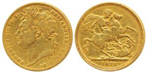 Great Britain, George III, Gold Sovereign, 1821, St. George slaying a dragon on rev. (KM 6
