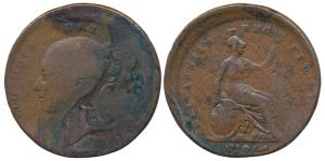 Great Britain, Victoria, Copper Penny, 1844, Error, 10% off-centre on both sides (KM 739).