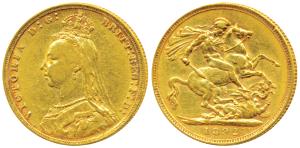 Great Britain, Victoria, Gold Sovereign, 8g, 1892, Jubilee head, St. George slaying a drag