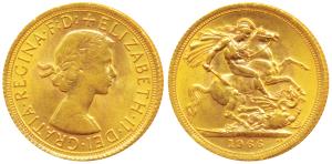 Great Britain, Queen Elizabeth, Gold Sovereign, 8g, 1966, laureate head. About Extremely F