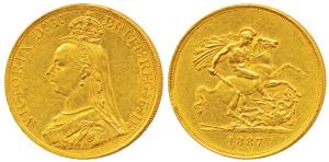 Great Britain, Victoria, Gold 5 Pounds, 40g, 1887, Jubilee head, St. George slaying a drag