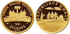 Haiti, Gold 50 Gourdes, 9.76g, obv. arms of the state, rev. 10th Anniversary of the Revolu