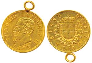 Italy, Vittorio Emanuele II, Gold 10 Lire, 3.3g, 1863, with loop (KM 10.1). With ring to w