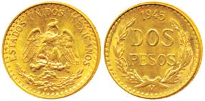 Mexico, Gold Dos or 2 Pesos, 1.68g, 1945, eagle holding a snake in its beak (KM 461). Unci