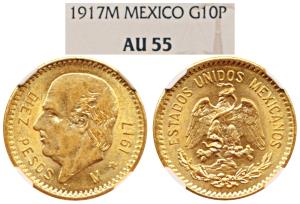 Mexico, Gold 10 Pesos, 8.33g, 1917, rev. an eagle holding a snake in its beak (KM 473). Gr