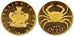Malta, Gold 20 Pound, 6.1g, obv. crowned arms with supporters, rev. fresh water crab, 1974