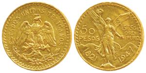 Mexico, Gold 50 Pesos, 41.67g, 1947, obv. Centennial of Independence, rev. winged Victory 