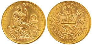 Peru, Gold 100 Soles, 46.71g, obv. seated liberty, rev. coat of arms which includes a corn