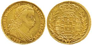 Portugal, Joao VI, Gold 6400 Reis or Peca, 14.34g, 1822, rev. shield on crowned globe with