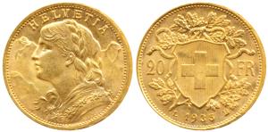 Switzerland, Gold 20 Francs, 6.5g, Bern Mint, draped bust of Helvetia to left and the Swis