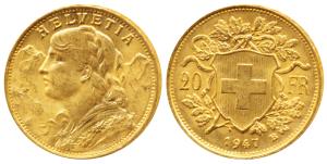Switzerland, Gold 20 Francs, 6.44g, Bern Mint, obv. draped bust of Helvetia to left and th