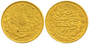 Turkey, Muhammad V, Gold 100 Kurush, 7.1g, Qustantiniyah (Constantinople) Mint, AH 1327/3 