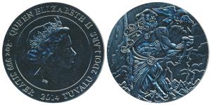 Tuvalu, Elizabeth II, Silver $2, 2 oz, 62.2g, 2014, Gods of Olympus series, rev. Zeus. Ant