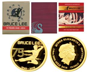 Tuvalu, Elizabeth II, Gold $25, 7.77g, 2015, 75 Years of Bruce Lee 1940 to 2015, rev. Bruc