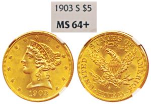 United States of America, Gold (Dollars) $5, 8.33g, 1903 S, Liberty head on obv., Motto “I