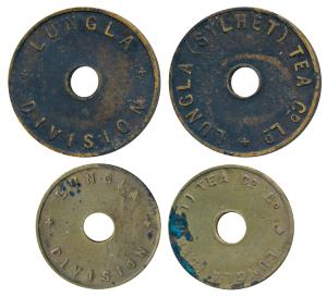 Tea Garden Token, Copper, 9.3g and 4.03g, obv. Lungla (Sylhet) Tea Co. Ltd., rev. Lungla D