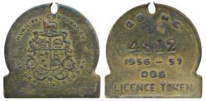 Brass Dog Token, obv. Municipality Corporation of Greater Bombay with coat of arms below, 