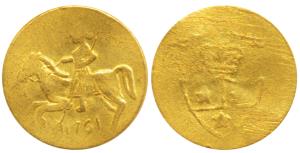 Fantasy Gold Token, 1.5g, obv. warrior riding left holding spear, date 1761 below, rev. cr