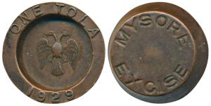 Mysore State Excise Department, Copper Tola, 11.62g, Gandabherunda with date 1929 below, a