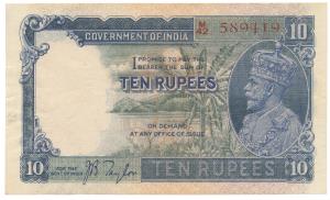 George V, Rupees 10, 3rd issue, 1933, signed J.B. Taylor, thin paper (J&R 3.8.1A). About U