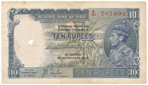 George VI, Rupees 10, 1st issue, 1938, signed J. B. Taylor, (J&R 4.5.1). Faded on the rev.