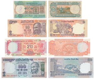 Rupee 5, signed R. N. Malhotra, fancy number 222000; Rupees 10 & 20, C. Rangarajan, 008008