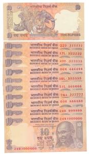 Rupees 10, signed Y V Reddy, set of 10 fancy numbers, 111111 – 999999 and 1000000. Uncircu