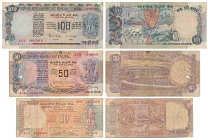 Rupees 10, signed C. Rangarajan; Rupees 50 and 100, R.N. Malhotra (2), all with fancy numb