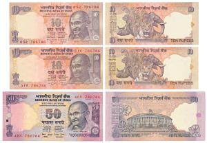 Rupees 10 and 50 signed Bimal Jalan; Rupees 10, C. Rangarajan, all with fancy numbers 7867
