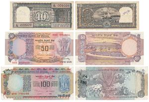 Rupees 10, signed R. N. Malhotra, fancy number 002002; Rupees 50 and 100, C. Rangarajan (2