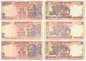 Rupee 10, signed C. Rangarajan (2) & D. Subbarao, fancy number 111111, 777777 & 333333. Un