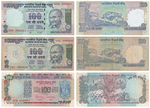 Rupee 100, signed C. Rangarajan fancy number 000001; Bimal Jalan 900000; D. Subbarao 00000