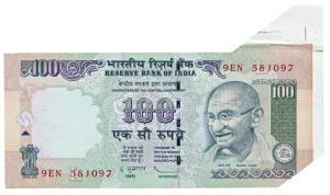 Rupees 100, 2012, signed D. Subbarao, Error, margin with extra paper on top right corner. 