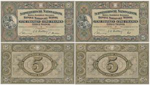 Switzerland, 5 Franken (Francs) (2), dated 1949 (KM 11). About Extremely Fine. (2)