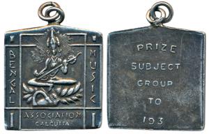 Bengal Music Association Calcutta, Square Silver Medal, 20.9g, obv. Goddess Saraswati seat
