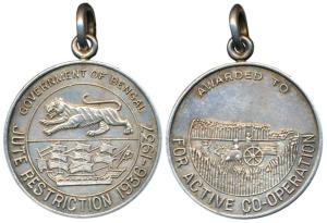 Jute Restriction 1936-1937, Silver Medal, 20.4g, Government of Bengal written over a Tiger
