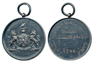 Bhavnagar, Small Silver Medal, 23.61g, coat of the arms of the state on obv., Shree Virbha