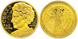 Indira Gandhi, FAO, Gold ‘Ceres’ Medal, 3.2g (1/10th ounce), obv. bust of Indira Gandhi, r