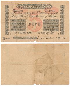 Government of India, Uniface, Rupees 5, red under print, Lahore Circle, signed R. W. Gille