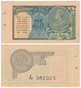 George V, Rupee 1, 2nd issue, 1935, signed J. W. Kelly, Prefix F, (J&R 3.2.1A). With perfo